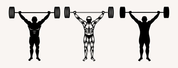 Powerlifter holds a barbell over his head. illustration in style engraving and silhouette. Isolated black print on white background