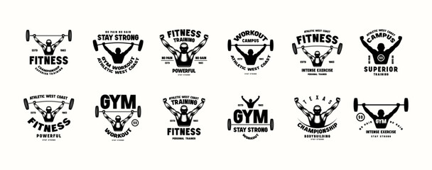Set of emblems with fitness women silhouette. Gym, workout, bodybuilding and athletic  theme. Graphic design for t-shirt. Black print on white background