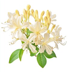 Fototapeta premium A bunch of cream colored Honeysuckle flowers, isolated on white background with clipping path. Full Depth of field. Focus stacking,generative ai