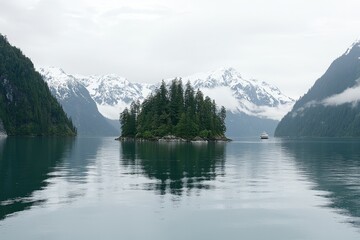 Fototapeta premium Misty Alaskan fjord landscape with small island