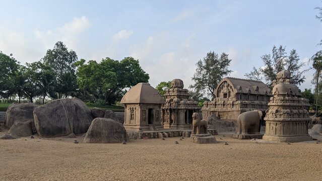 Pancha Rathas complex of monuments at Mahabalipuram, on the Coromandel Coast of the Bay of Bengal, in the Kancheepuram district of the state of Tamil Nadu, India.
