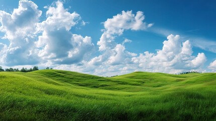 Fototapeta premium Lush Green Pasture Under Vibrant Blue Sky in Summer Serenity