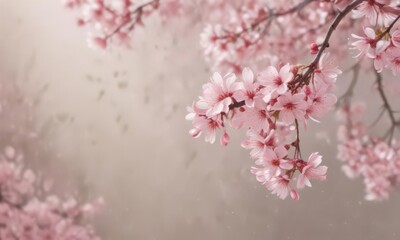Obraz premium Delicate pink sakura petals drift on a soft-focus spring background , flower, bokeh, serenity