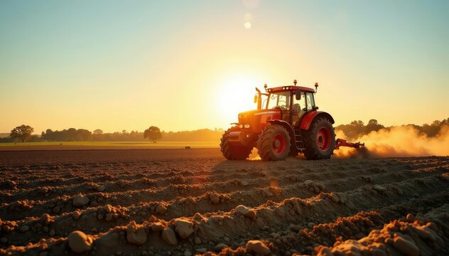 A powerful tractor working a farm field, cultivating the land Sun shining, rich soil , farming, outdoor, tractor work