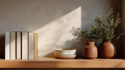 Books stacked beside terracotta pots on a minimalist shelf