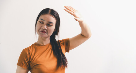 Asian girl expresses dislike, person express negative feeling, concept business complaint from...