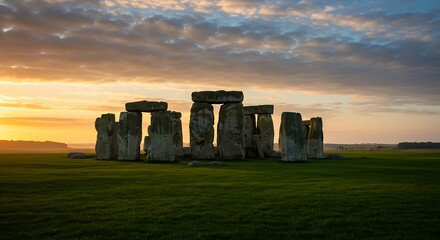 The ancient and weathered stones of Stonehenge are set against a vibrant sunset and smooth green grass, evoking mystery and historical significance.