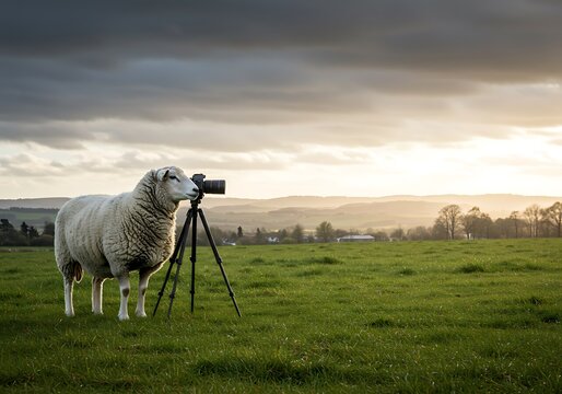 Sheep photographing landscape with tripod camera
