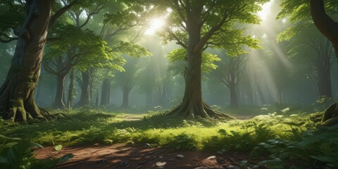 Lush green canopy, vibrant new leaves, sunlight dappling forest floor,  leaves,  aerial-view,  wood