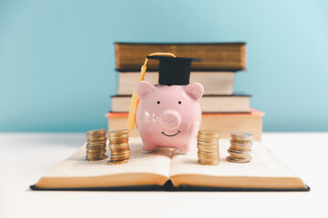 Concept of saving money for education, student loan, scholarship in future. Piggy bank with...