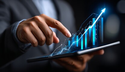 Businessman's Hand Pointing at Upward Graph on Digital Tablet