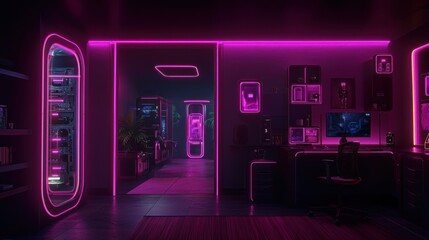 A futuristic neon illuminated workspace with servers and a gaming setup