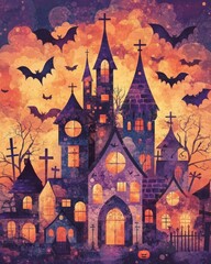 Haunted gothic castle village at twilight.