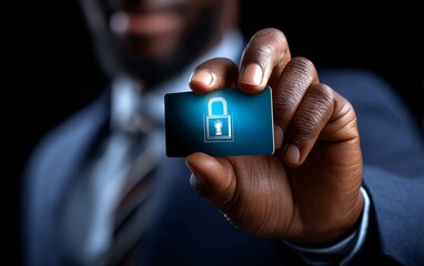 Hand Holding Security Card with Padlock Icon on Virtual Screen for Digital Protection
