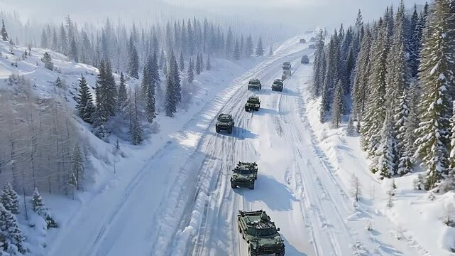 Armored vehicles on a snowy mountain road.  A high-angle view shows a convoy of military vehicles traveling down a snow-covered mountain road through a wintry forest