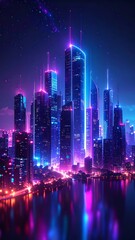 Obraz premium Neon city skyline reflecting in water at night creating a futuristic vibe with vibrant purple and blue hues under a starlit sky