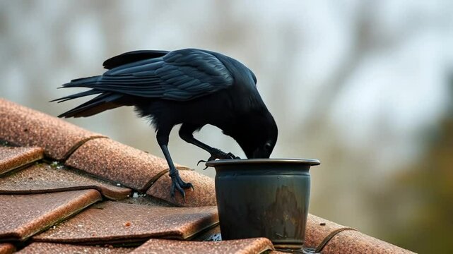 A crow bird is drinking water from a pot place on a house roof during summer