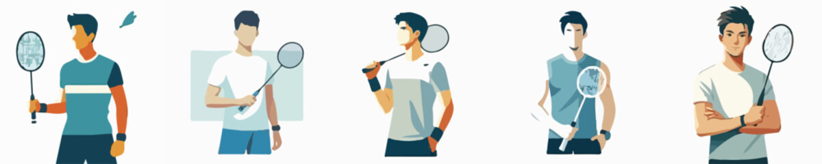 Set vector of a badminton player holding a racket