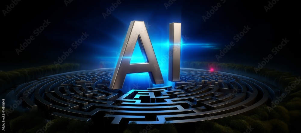 Poster silver ai letters on dark blue background with maze pattern representing artificial intelligence com