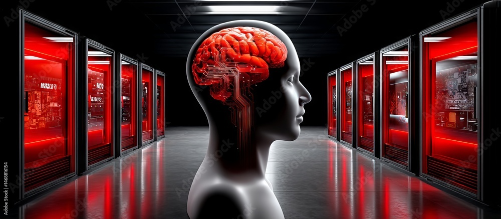 Poster digital ai brain inside human head - 3d render of neural network and data flow