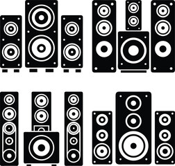 Black silhouette set of home audio speaker systems with subwoofers and multiple speaker units in vector graphic style
