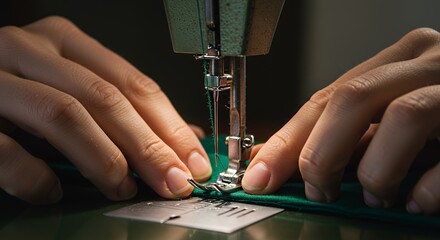 Close-up of Hands Operating a Sewing Machine, Green Fabric, Precision Work, Textile Creation, Needlework, Craft, 