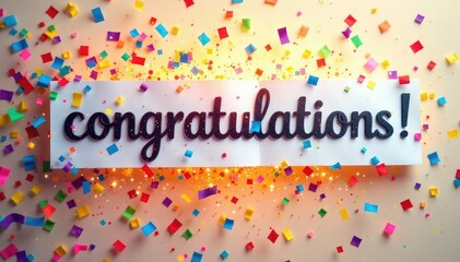 Colorful confetti bursts from a banner reading "Congratulations!" against a bright background , event, element