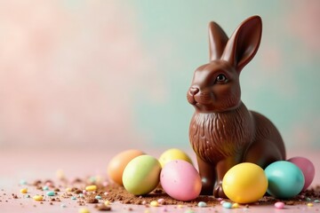 Delicious milk chocolate Easter bunny, eggs, and treats Perfect for Easter celebrations , pastel, spring colors, chocolate egg