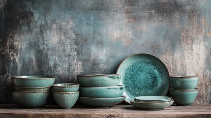 Elegant handcrafted teal ceramic tableware artistically arranged on rustic wooden surface with textured backdrop