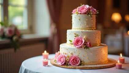 Fototapeta premium Elegant wedding cake centerpiece with floral decorations, sparkling details , buttercream, confectionery