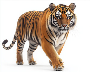 Obraz premium Powerful Bengal Tiger Walking Forward – Orange Fur with Black Stripes on White Background