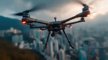 Futuristic drone flying over city buildings urban landscape aerial photography sunset view