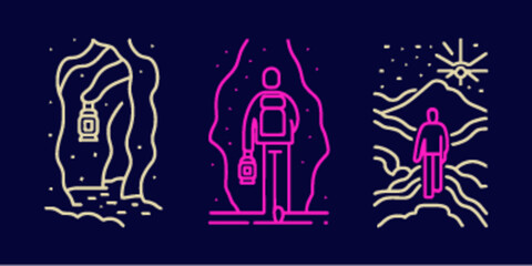 Monoline Icon Adventure with Lantern in Cave and Mountain Landscape