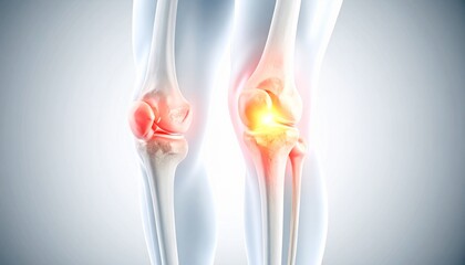 Cross-sectional anatomical image of damaged knee cartilage, with intra-articular inflammation highlighted in red