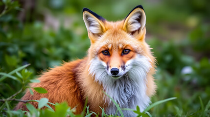 A close-up of a majestic fox sitting in a lush green environment, showcasing its striking fur and keen eyes.
