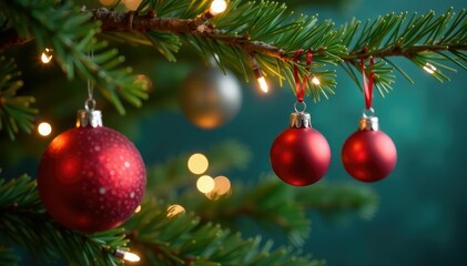Festive Christmas ornaments hanging on a decorated tree branch , garland, detail, xmas