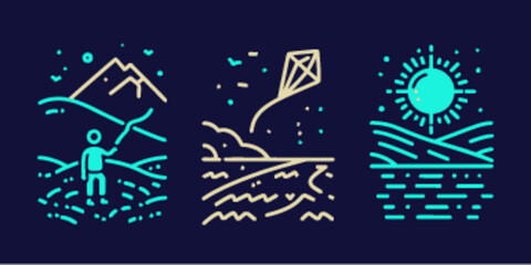 Fototapeta premium Monoline Flat Icons of Outdoor Activities and Nature Elements