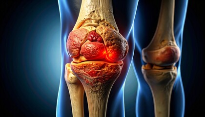 Naklejka premium Cross-sectional anatomical image of damaged knee cartilage, with intra-articular inflammation highlighted in red