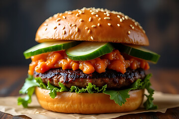 Food and drink close up food hamburger photo art produc. vegetable, grill, season, protein, close-up, background, popular, culinary art, business, to eat, green, gourmet, onion, grilled .