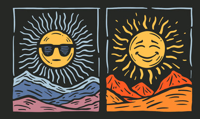 Fototapeta premium Colorful Hand-Drawn Sun Doodle with Mountains and Smiling Face
