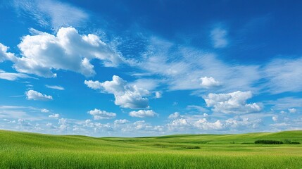 Fototapeta premium Lush Green Pasture Under Bright Blue Sky in Summer Season