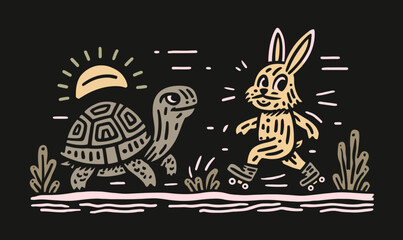 Fototapeta premium Whimsical Hand-Drawn Doodles of Turtle and Bunny on Skateboard
