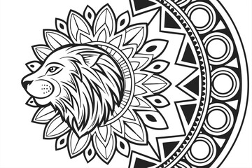 119 ornate mandala design,intricate floral patterns,abstract lion face,geometric shapes,detailed line art,black and white,symmetrical,decorative,spiritual,mystical