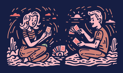 Playful Hand-Drawing of Two Friends Engaging with Cards Outdoors