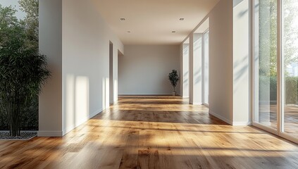 Fototapeta premium Empty modern hallway with hardwood floors and natural light.