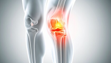 Cross-sectional anatomical image of damaged knee cartilage, with intra-articular inflammation highlighted in red
