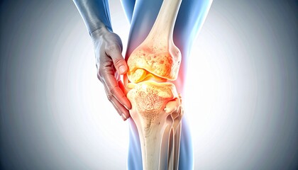 Cross-sectional anatomical image of damaged knee cartilage, with intra-articular inflammation highlighted in red