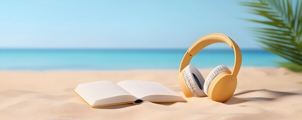 Relaxing Beach Scene with Headphones and Journal on Soft Sand