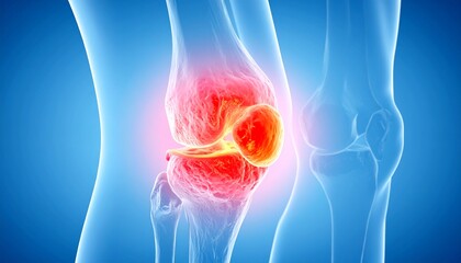 Cross-sectional anatomical image of damaged knee cartilage, with intra-articular inflammation highlighted in red