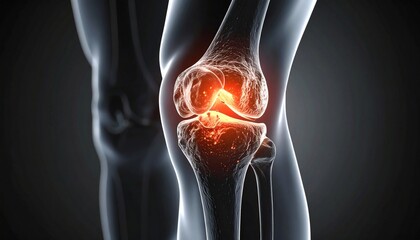 Cross-sectional anatomical image of damaged knee cartilage, with intra-articular inflammation highlighted in red